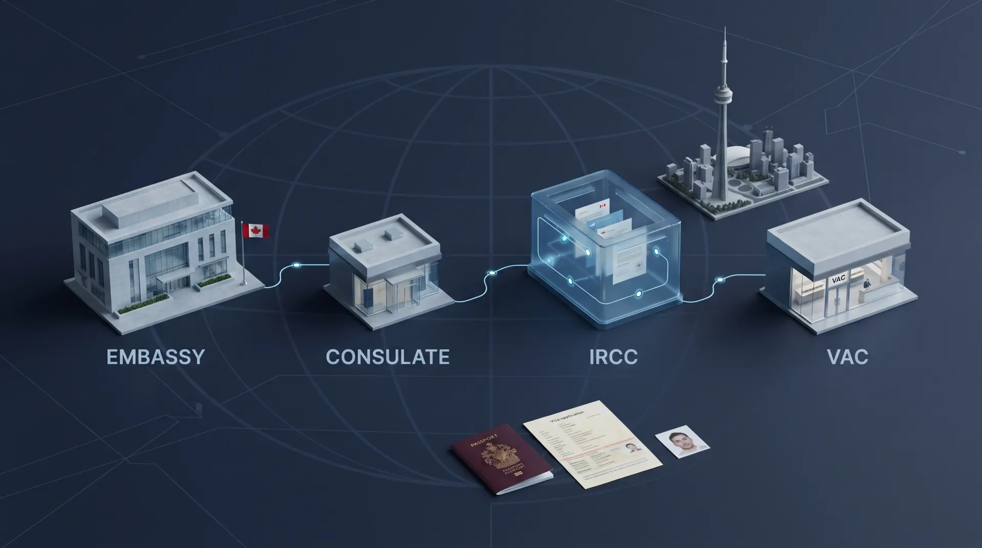 Схема разницы между посольством, консульством, IRCC и визовым центром