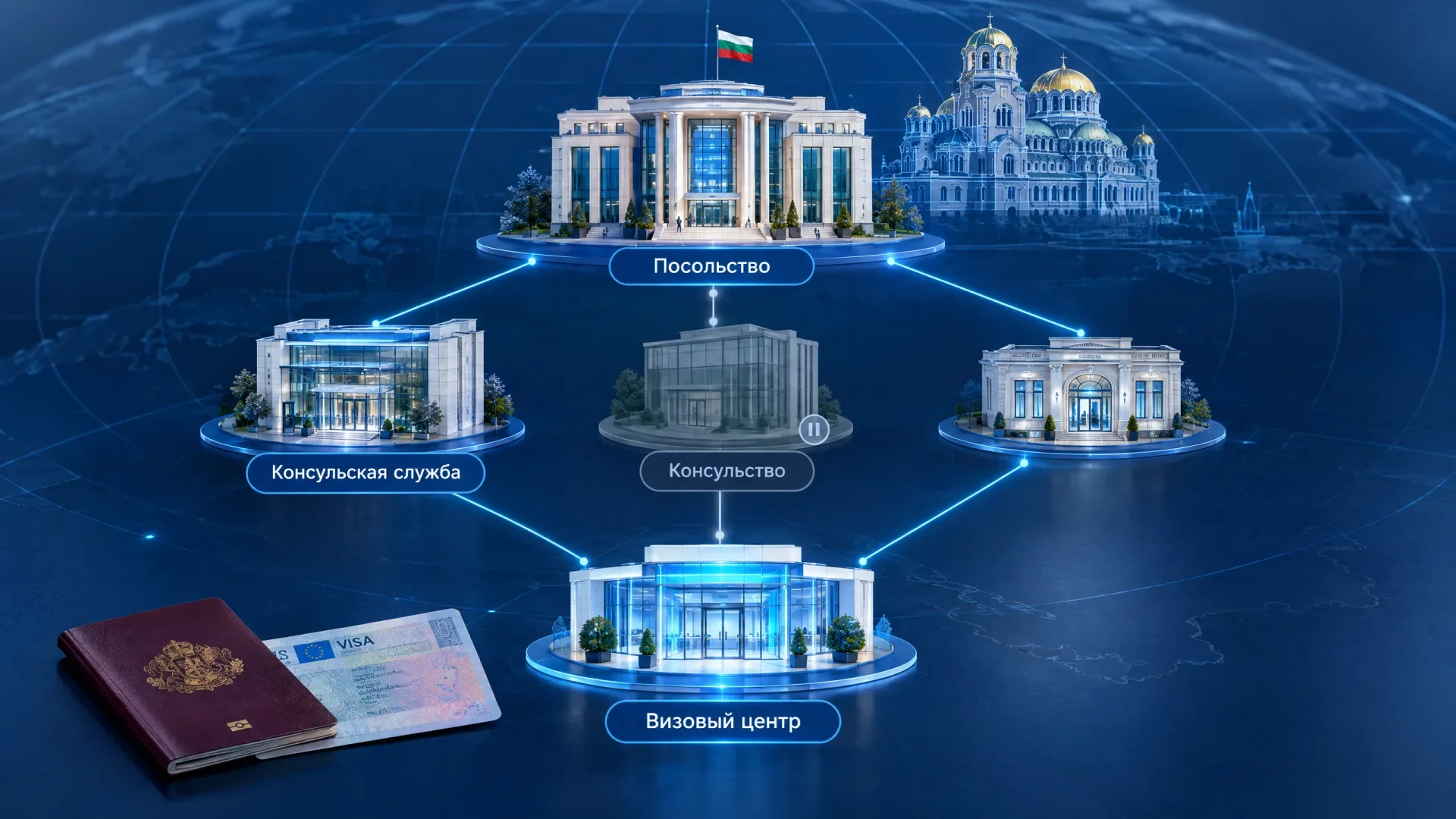 Схема разницы между посольством, консульской службой, генеральным консульством, почётным консульством и визовым центром Болгарии